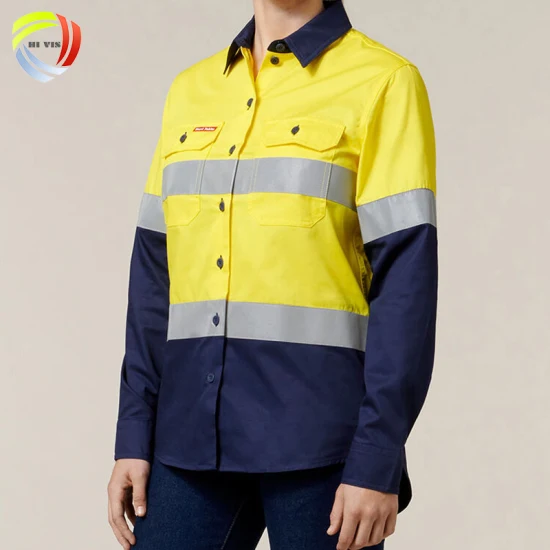 Abbigliamento di sicurezza riflettente bicolore da donna Camicie da lavoro riflettenti da costruzione a maniche lunghe in cotone nastrato ad alta visibilità
